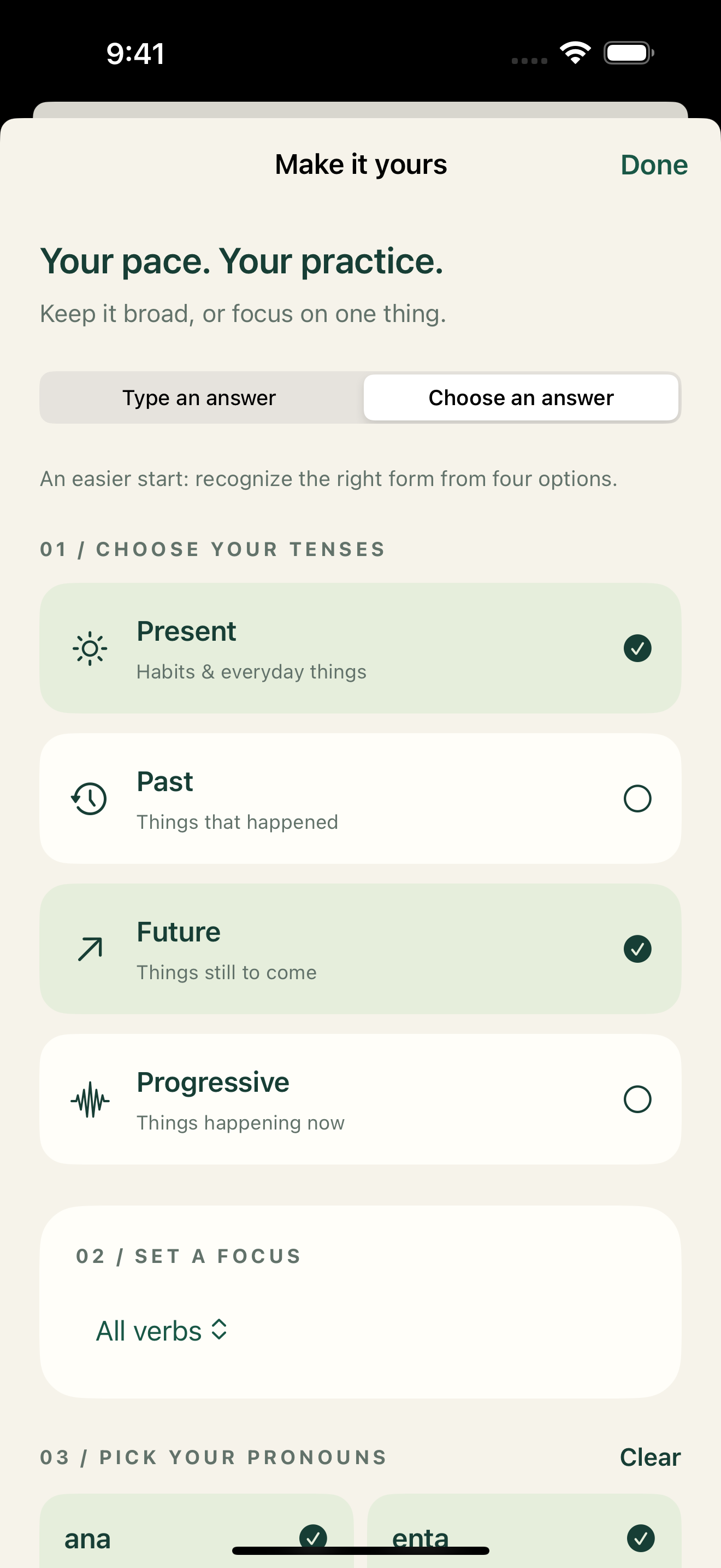 Focus controls showing selected present and future tenses and pronoun options