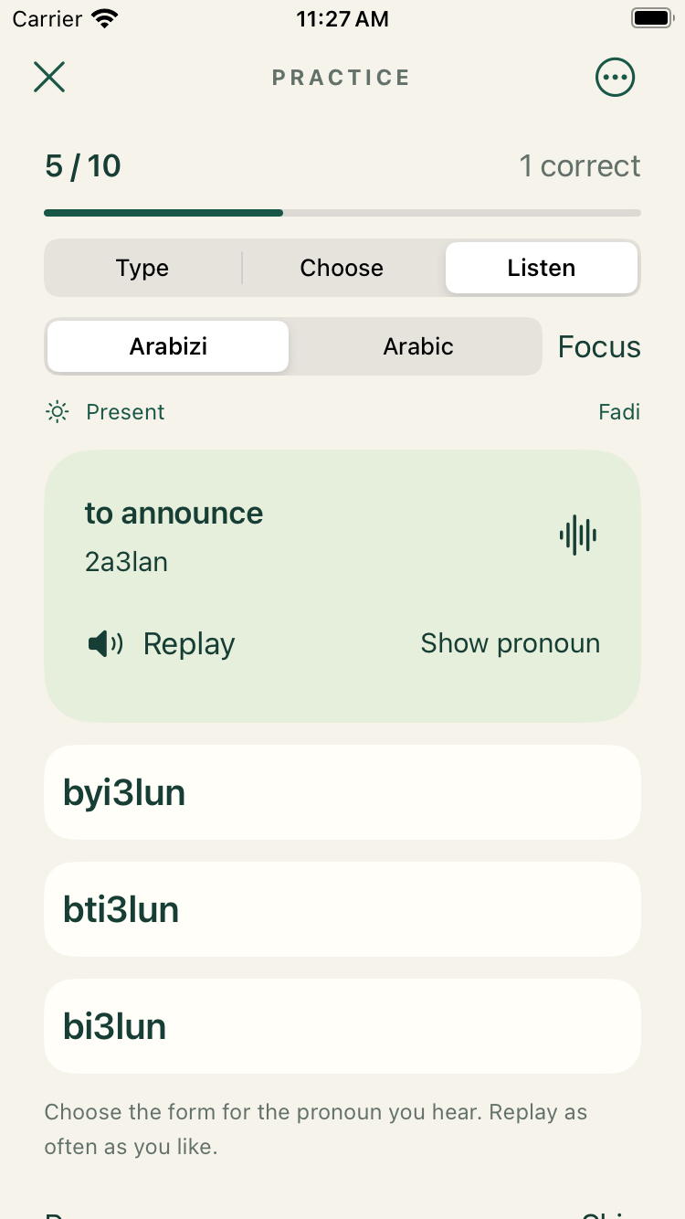 Listen practice with Fadi, a replay button, and three Arabizi answer choices